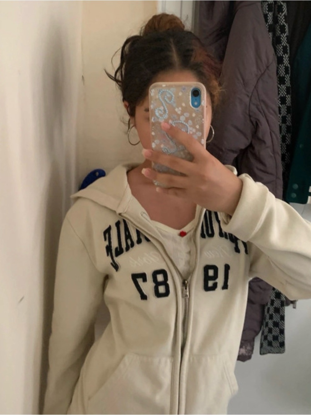 Aeropostale Cream Zip Hoodie with Navy Appliqué